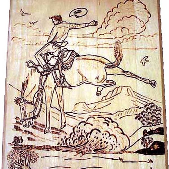 BUCKING BRONCO & COUPLE KISSING, TWO HAND DONE WOODBURNING ART, SIGNED, ONE OF - Picture 1 of 2